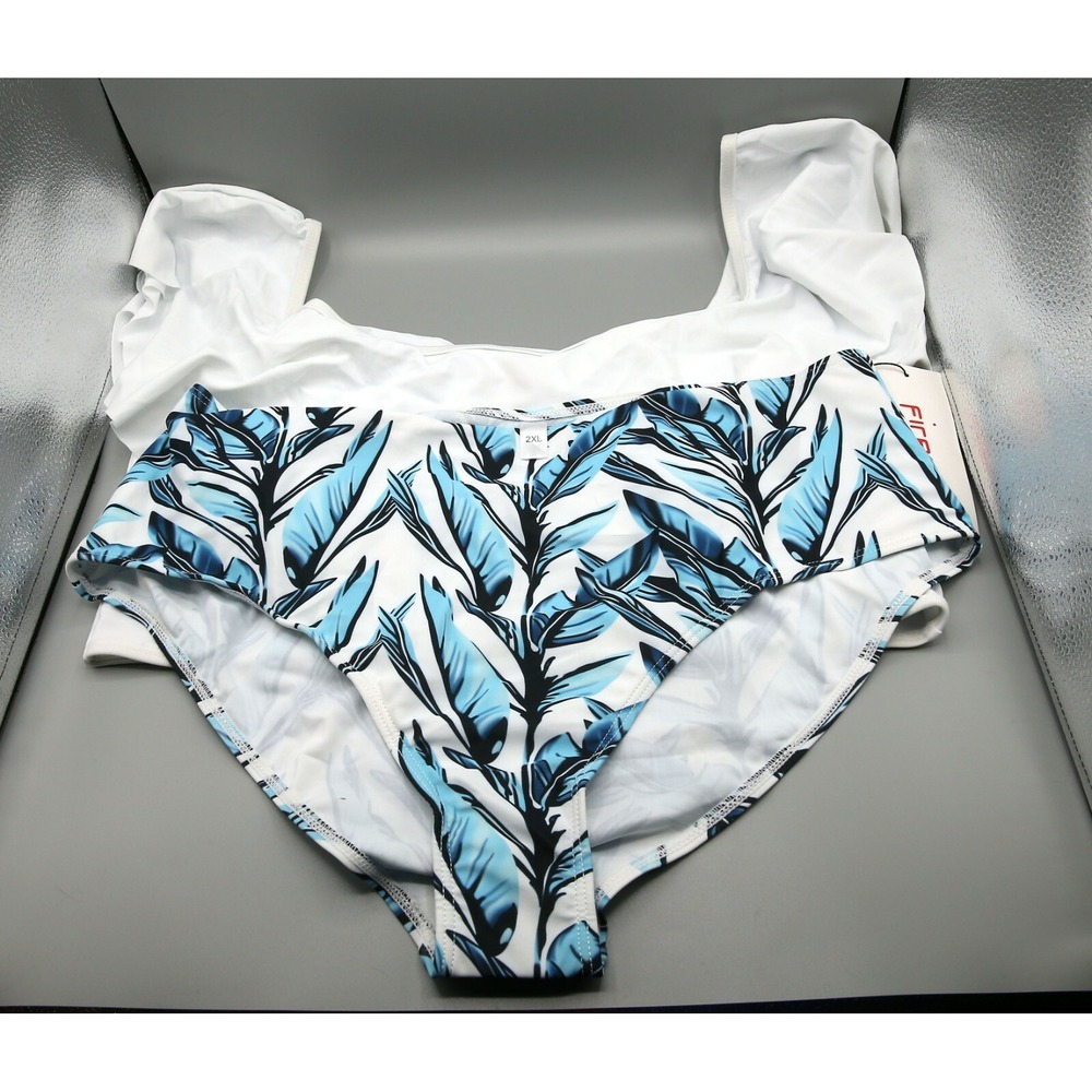Firpearl Women's High Waisted Bikini Flounce Crop, White Leaf, Size 2XL